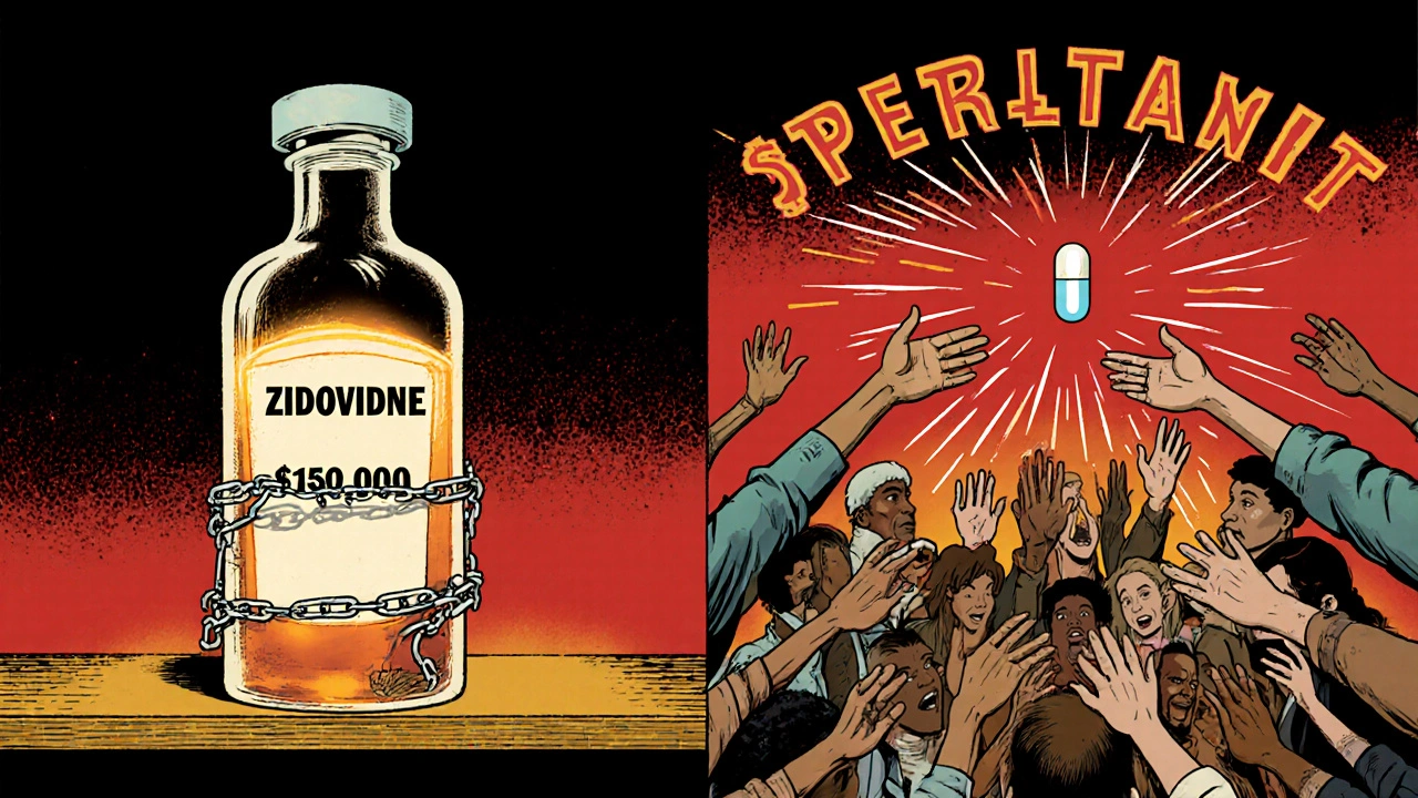 A symbolic pharmacy shelf with an expensive AZT bottle chained versus a simple pill in open hands.