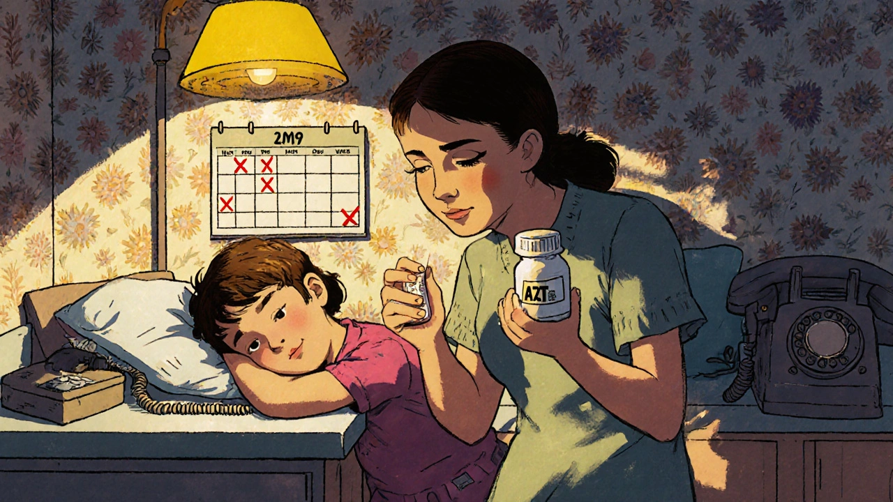 A tired single mother holds an AZT pill bottle while her child sleeps in the kitchen.