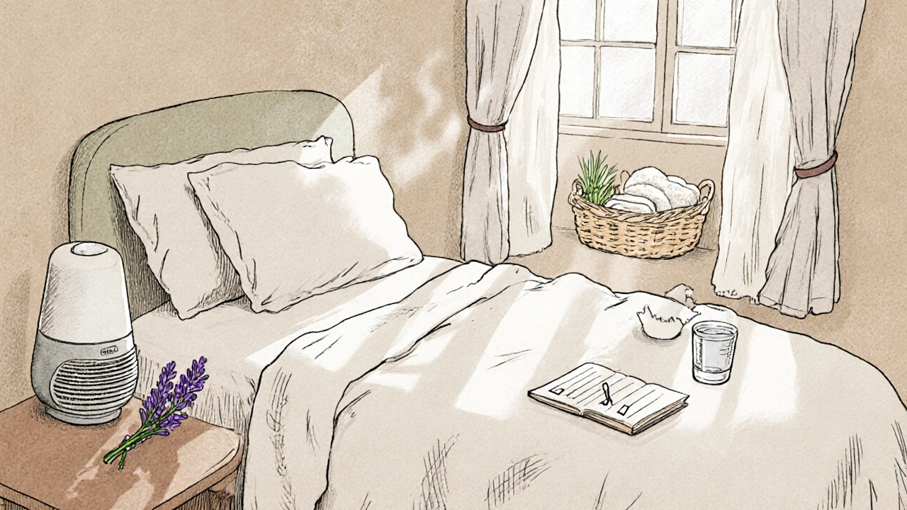 Bedroom with dust‑mite covers, humidifier, soft fabrics, and a checklist for prevention.