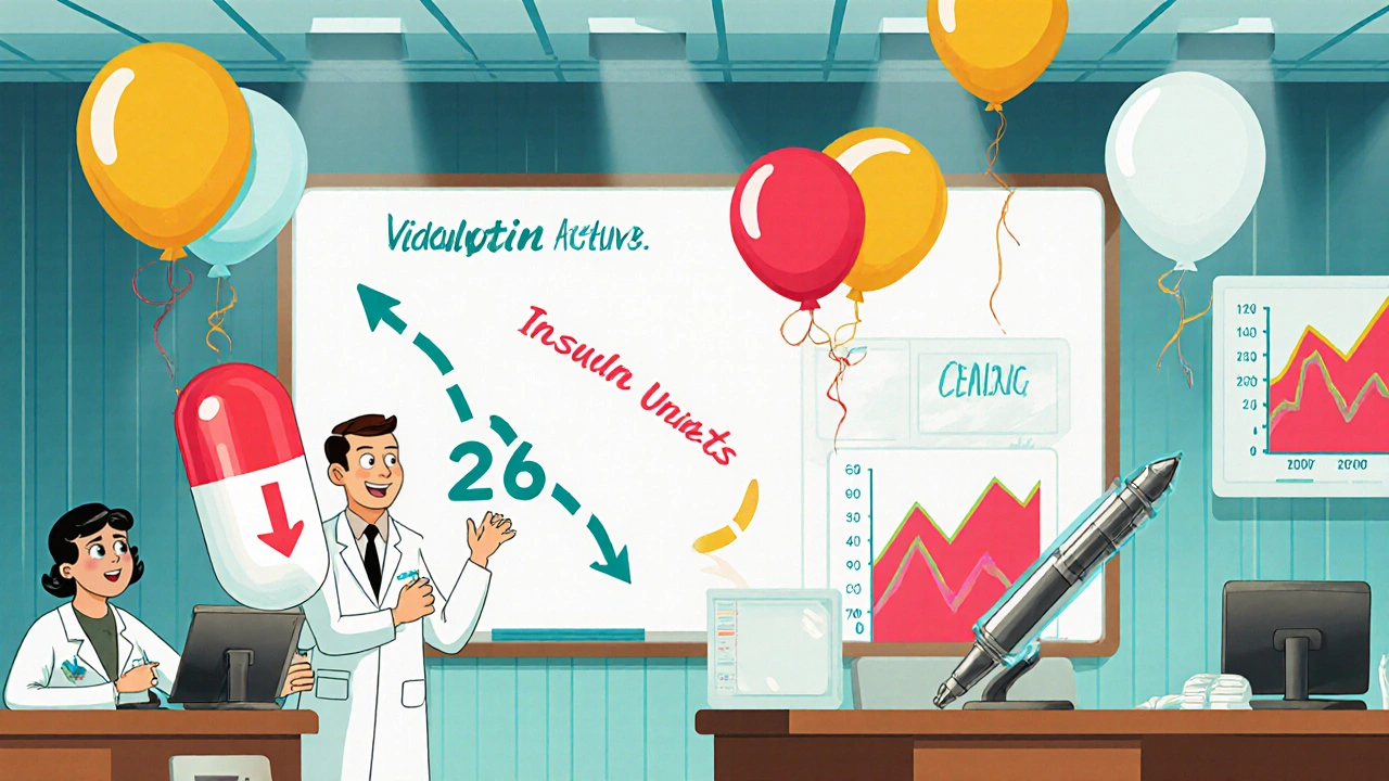 Cartoon doctors view a graph showing insulin dose dropping as a giant Vidagliptin pill stands beside an insulin pen.