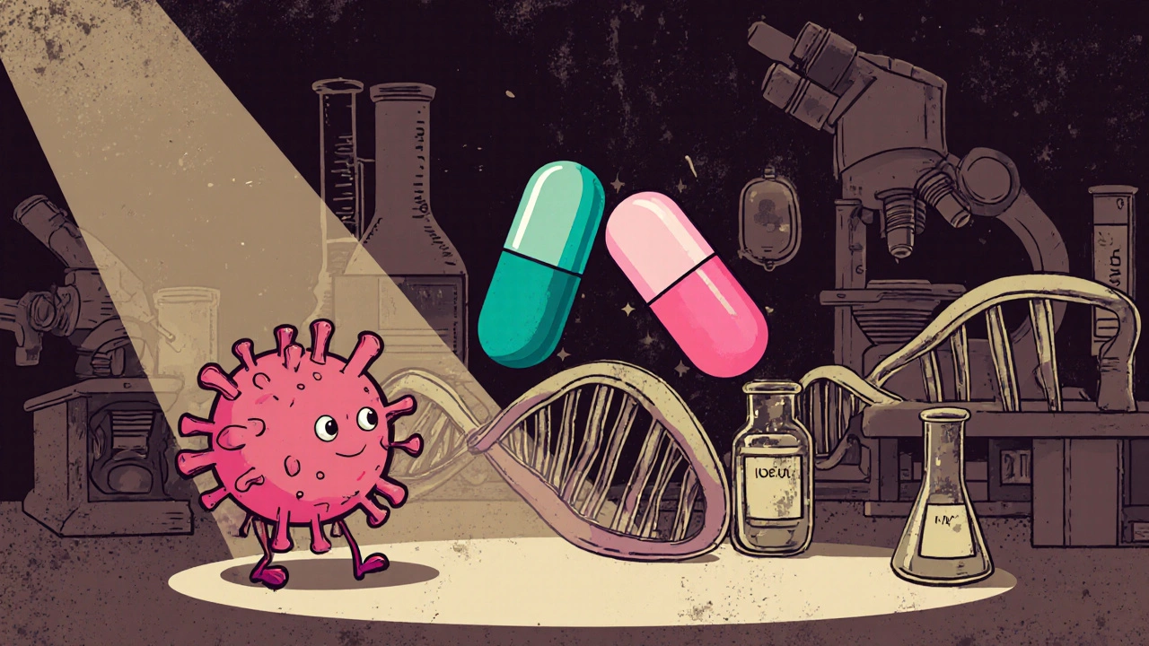 Cartoon pills of lamivudine and zidovudine halt a DNA chain in an HIV virion illustration.