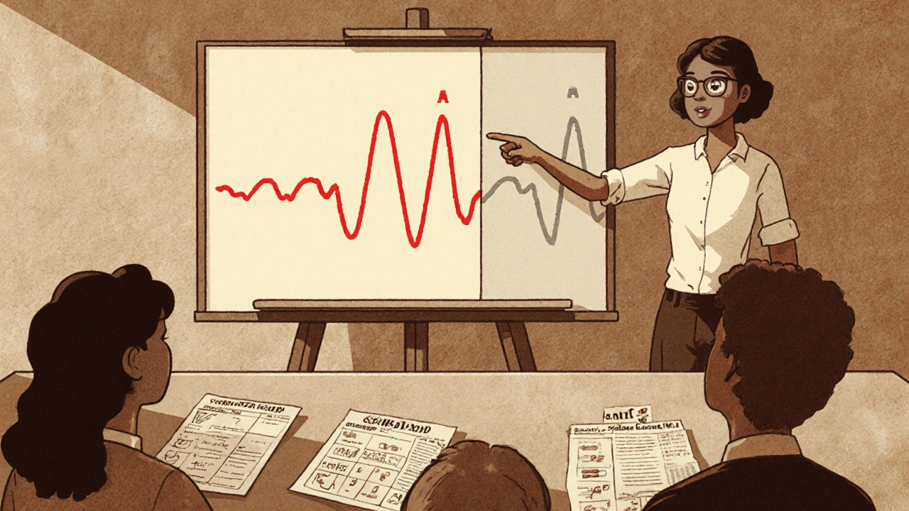 Classroom scene with teacher pointing to an EEG showing a focal spike and comparison chart.