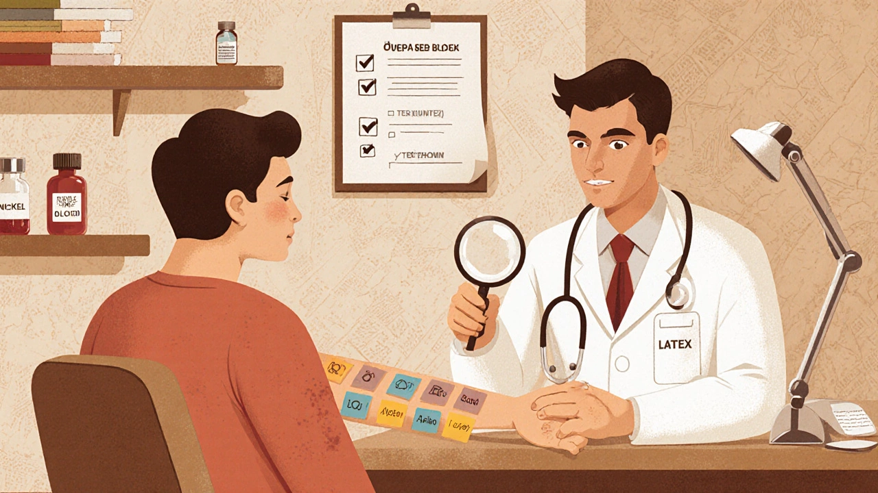 Dermatology office with patch test squares on a forearm and a doctor examining a rash.