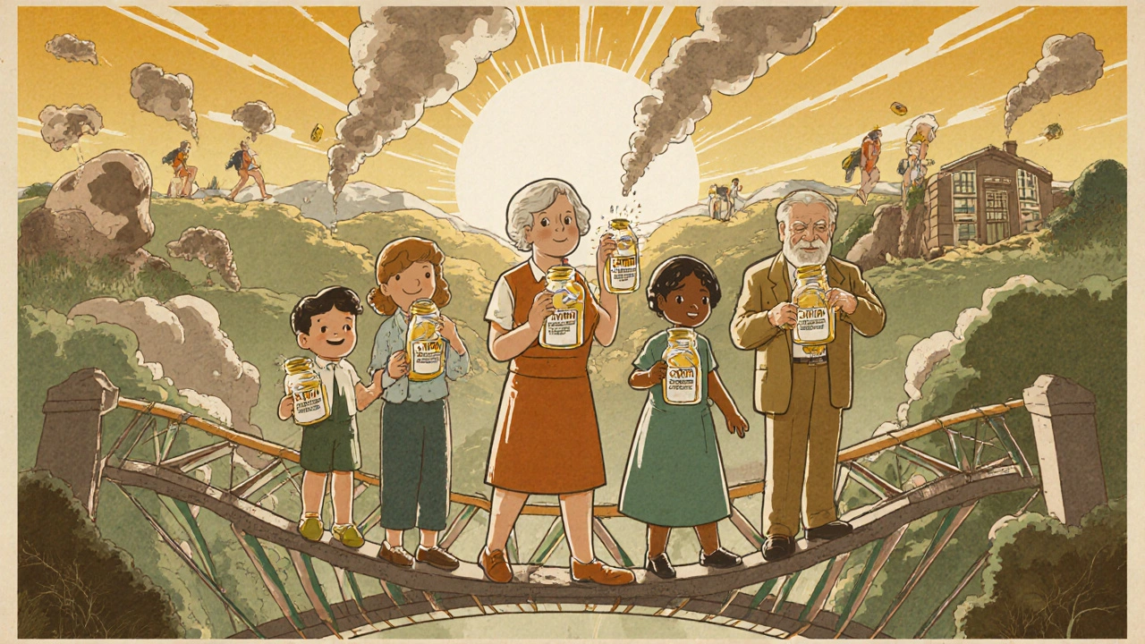 Diverse patients on a DNA bridge, pill bottles glowing, tumors dissolving into smoke toward a hopeful horizon.