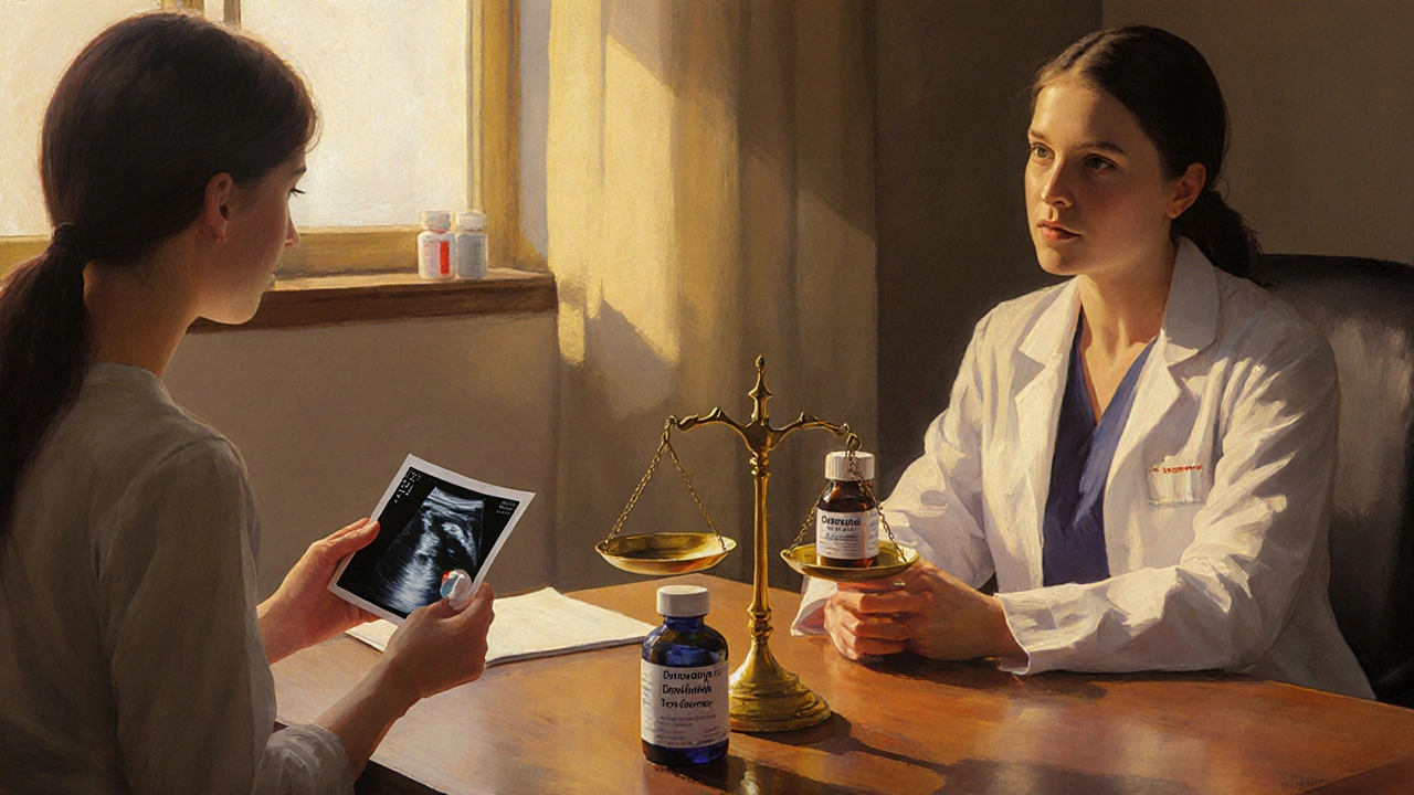 Doctor and patient weighing Depakote against alternative meds on a balance scale.
