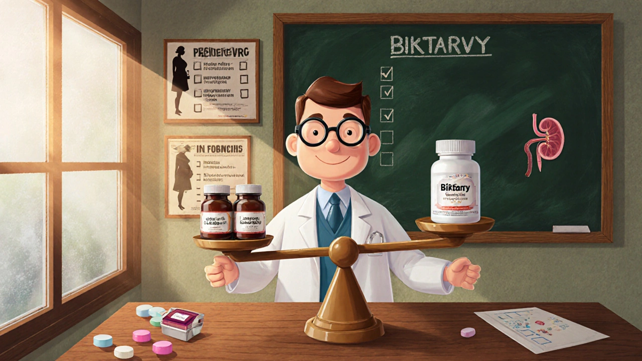 Doctor balances Combivir cost against Biktarvy on a scale with pregnancy and kidney icons.
