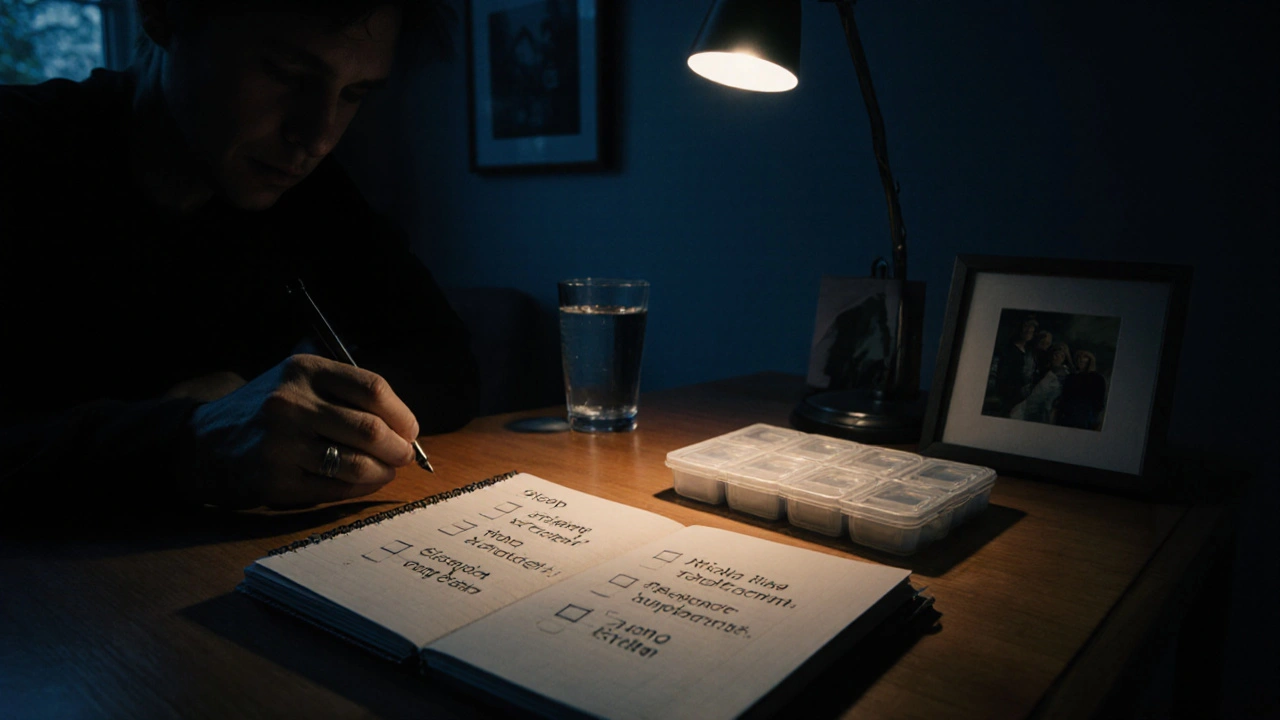 Dusk kitchen scene with a patient writing a medication checklist by lamplight.