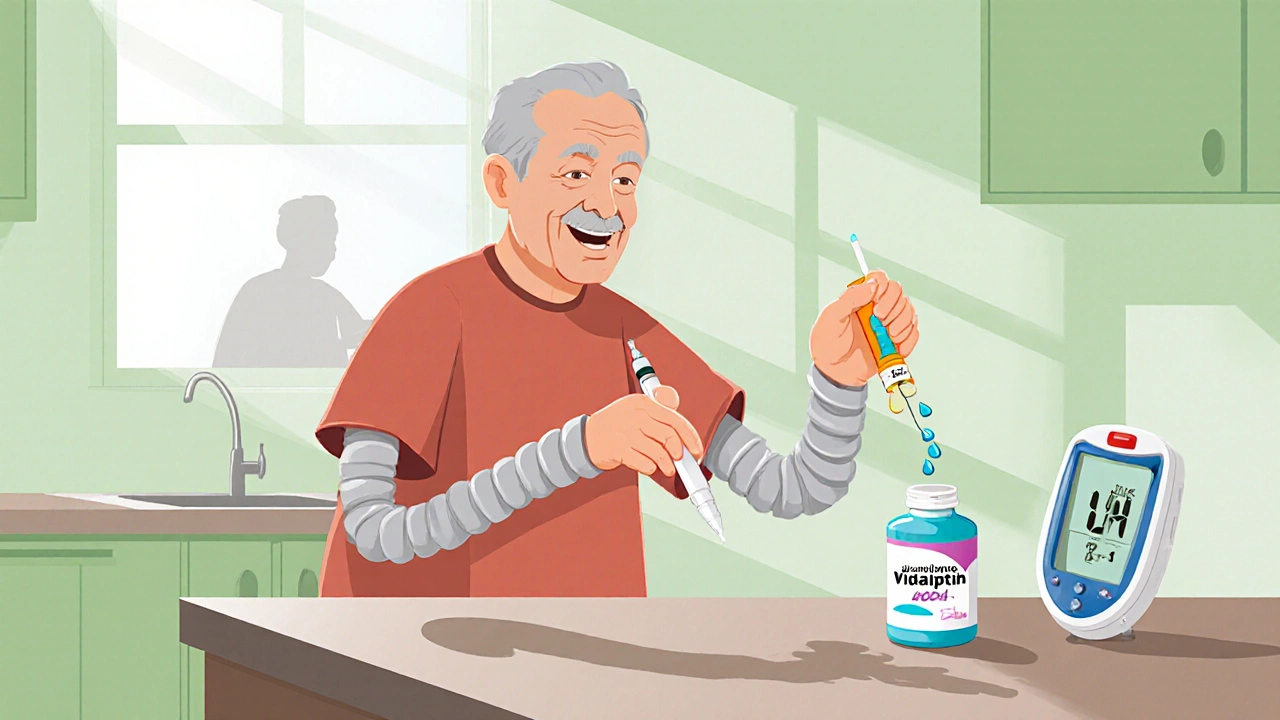 Elderly person in kitchen holds a small insulin pen and Vidagliptin pill, smiling with stable glucose monitor.