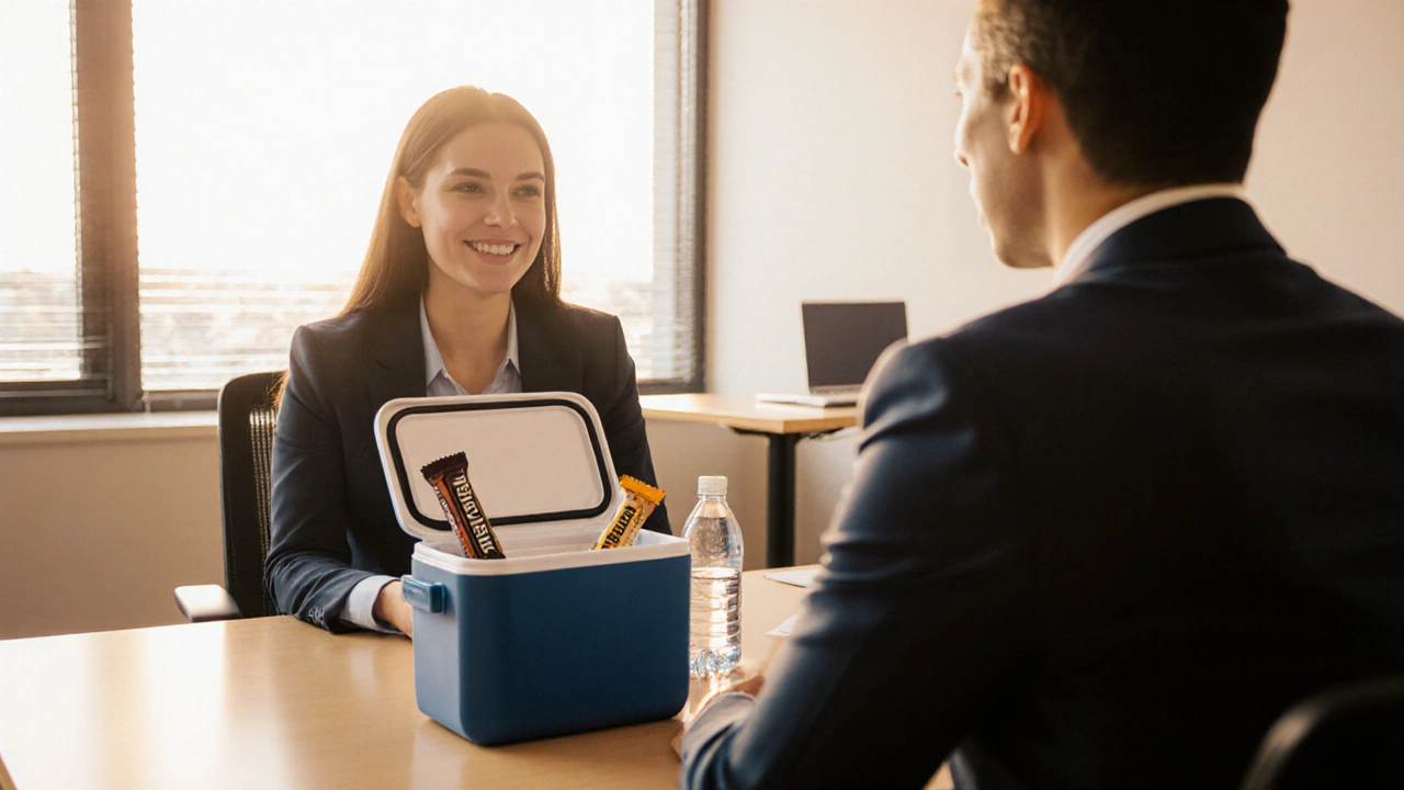Employee discusses workplace accommodations with HR, cooler with snack visible.