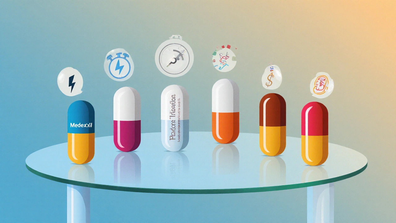 Flat‑design illustration of six ED pills with icons for onset, duration, and cost.