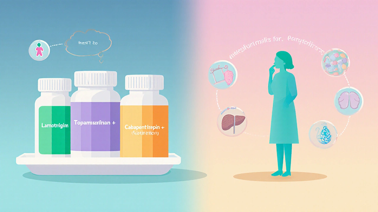 Flat illustration of various medication bottles and icons for side effects and pregnancy.