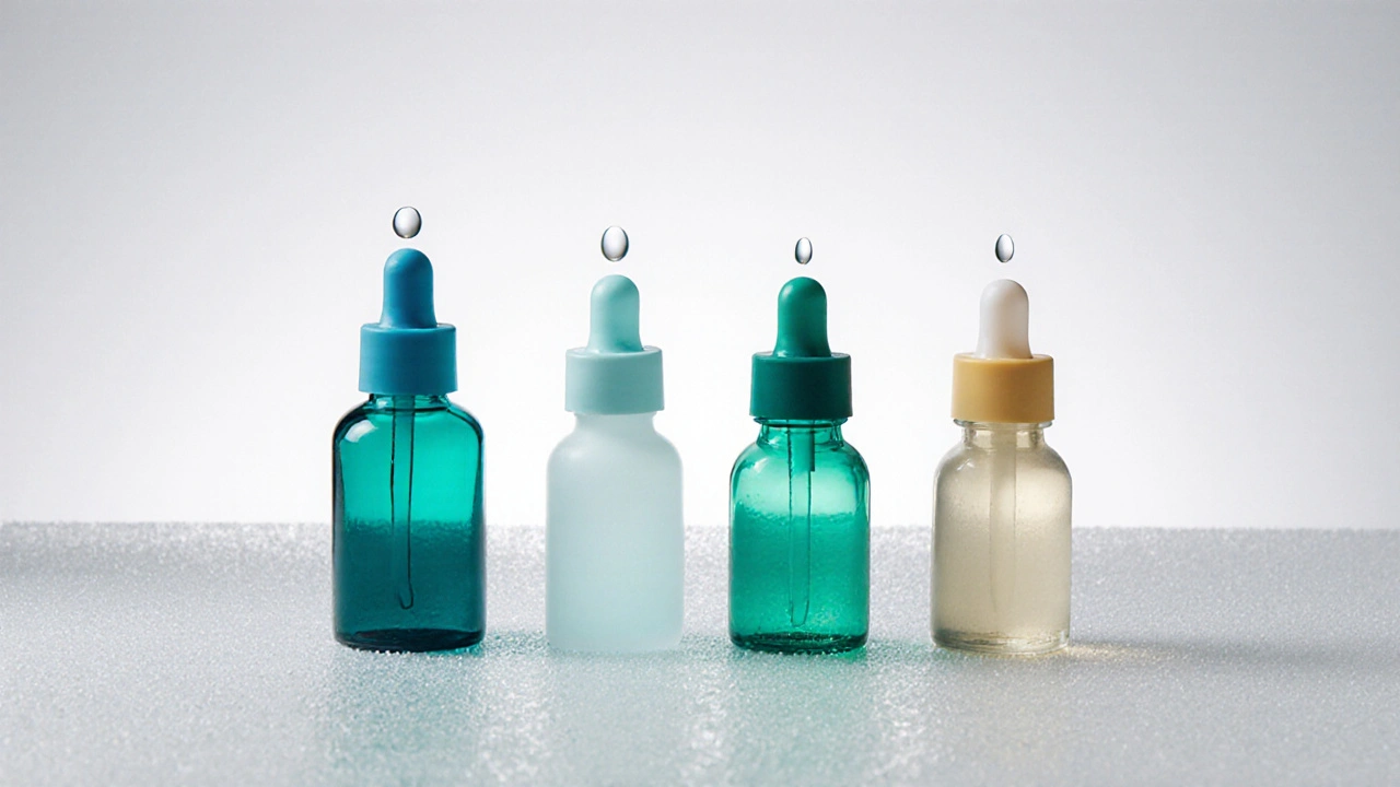 Flat lay of five different eye‑drop bottles with colored caps and droplets on a frosted white surface.