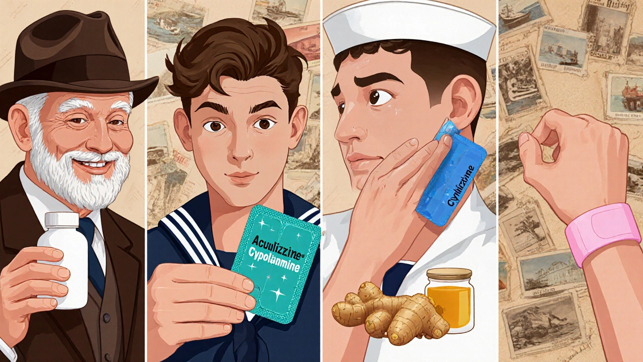 Four panels showing Meclizine, Cyclizine, Scopolamine patch, and ginger with wristband, each held by a character.
