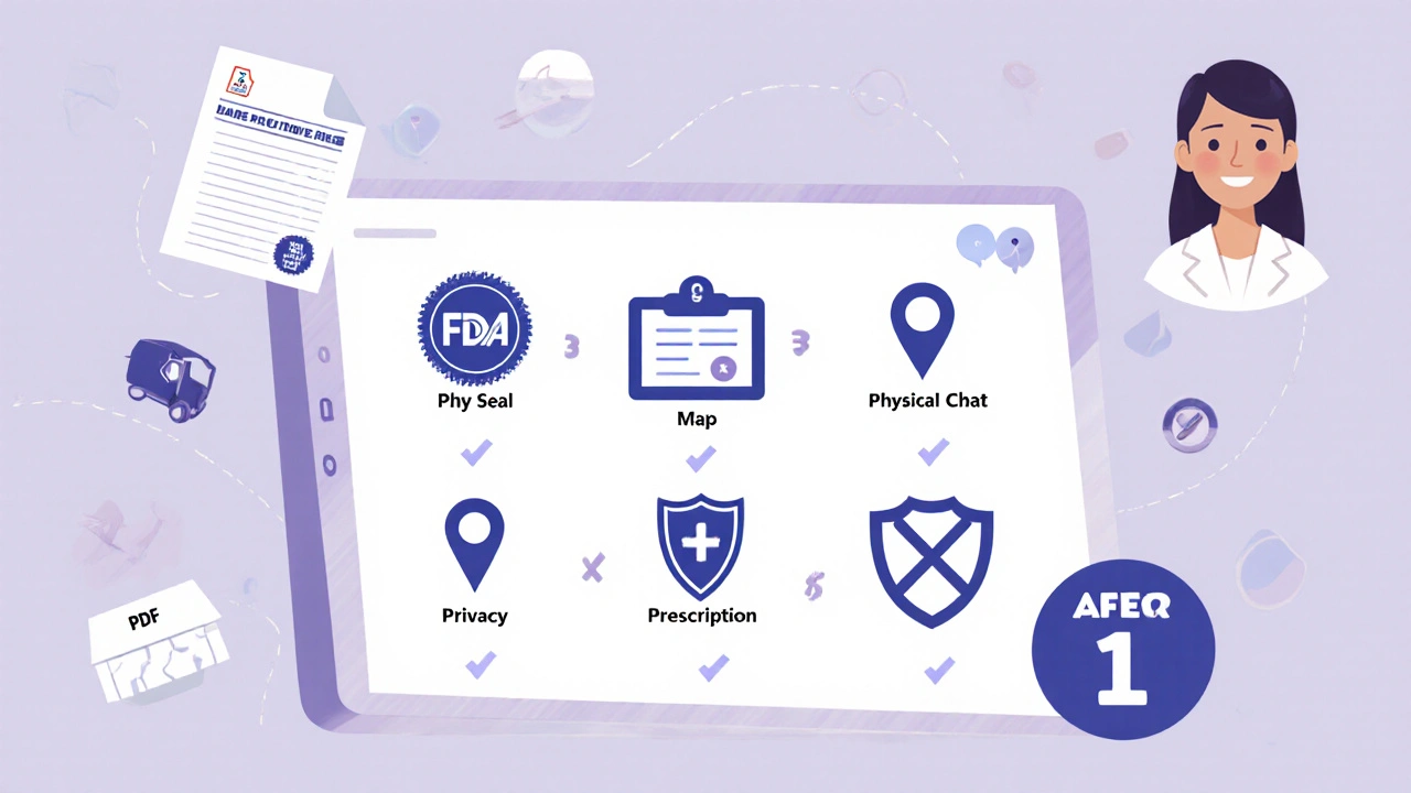Illustrated checklist showing FDA seal, address, pharmacist chat, privacy, and no‑prescription warning.