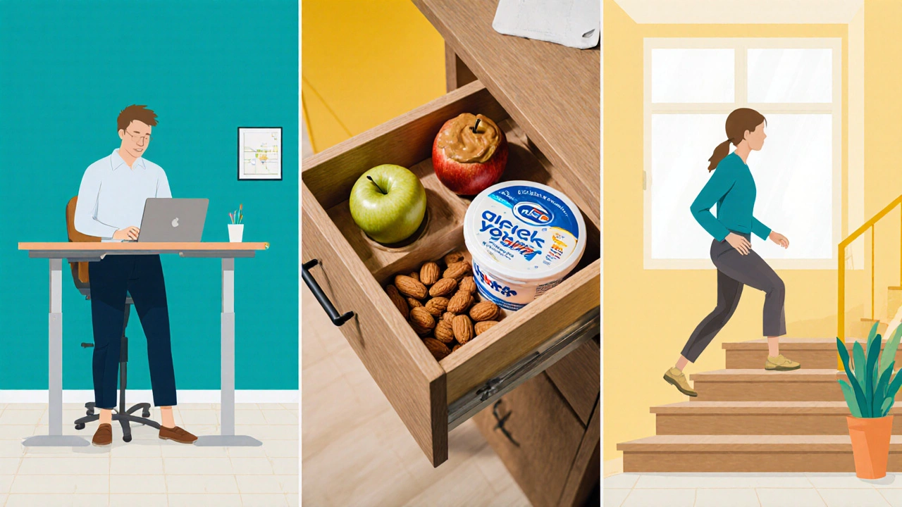 Illustration of standing desk, snack drawer, and person taking a stair micro‑break.