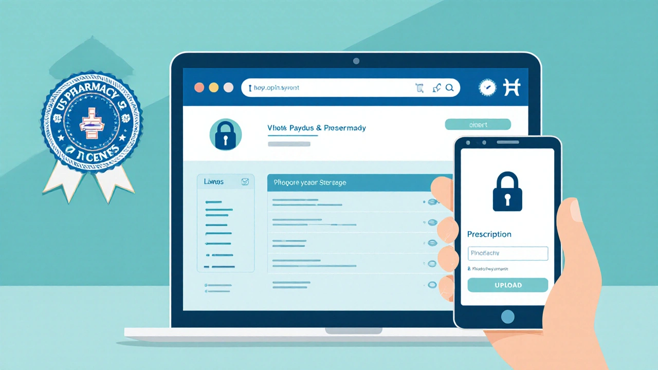 Laptop and phone showing a secure pharmacy website and prescription upload, implying legitimacy.