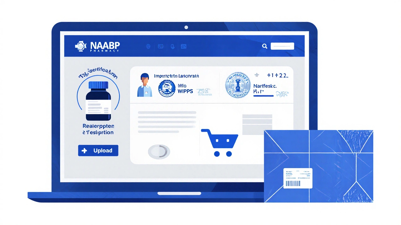 Laptop displaying pharmacy site with certification icons and a parcel ready for delivery.