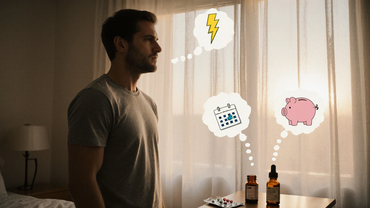 Man in bedroom at sunrise looking at medication on nightstand, with thought icons.
