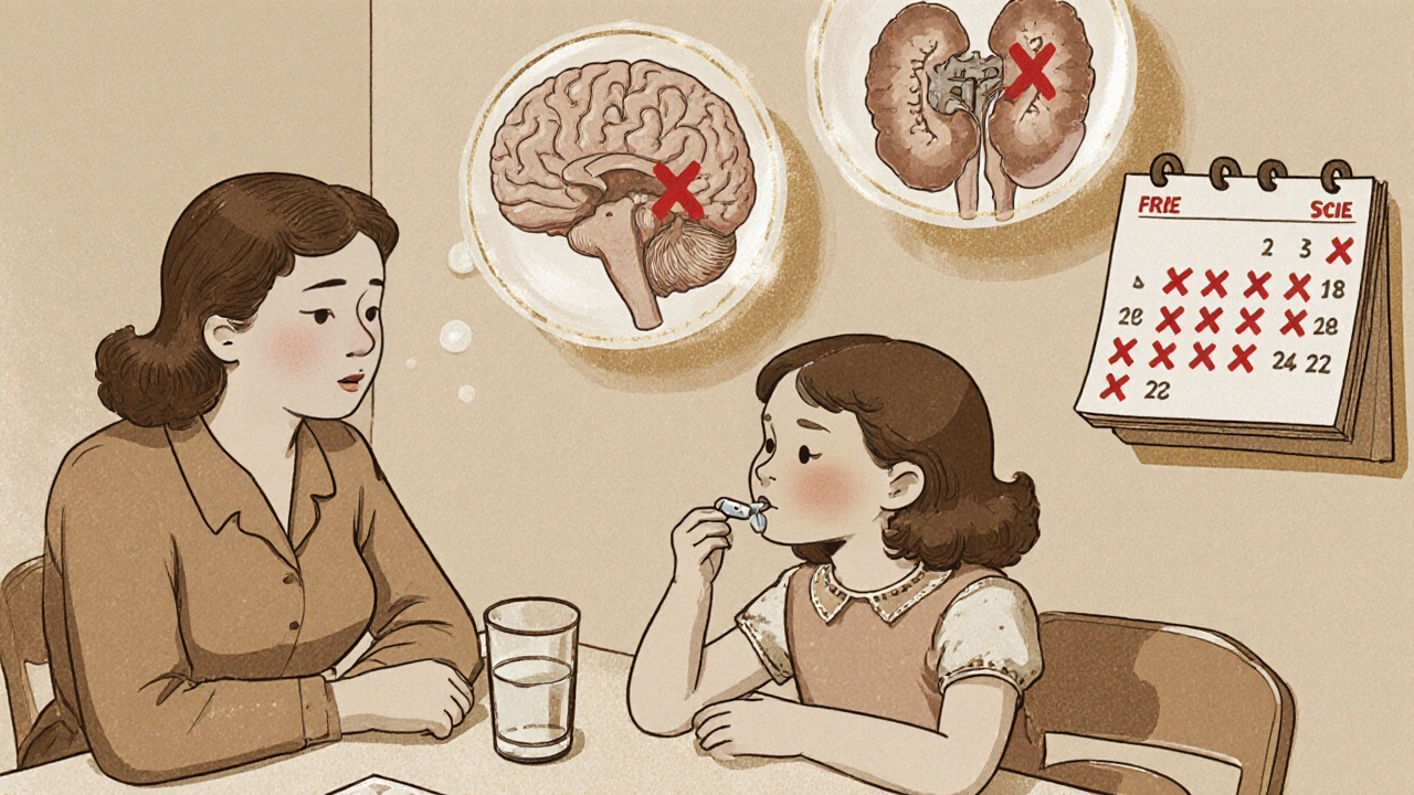 Mother and daughter taking medication at kitchen table with calendar marking seizure-free days.