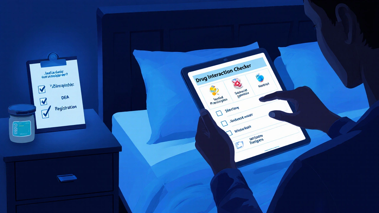 Nighttime bedroom scene showing tablet drug‑interaction checker and checklist beside medication bottle.