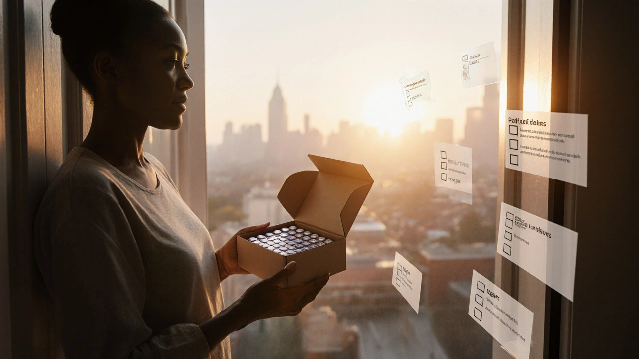 Patient receiving a delivery box of generic Nexium tablets with sunrise background.