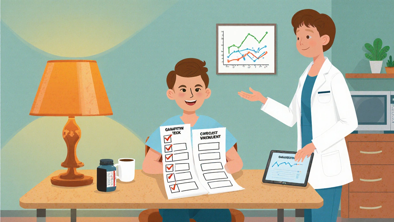 Patient reviewing a checklist beside medication bottles while a doctor offers guidance.
