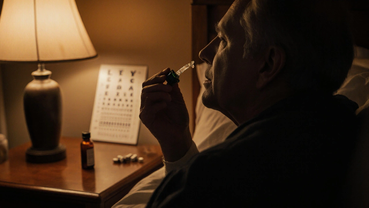 Person applying an eye drop at night beside a warm lamp, with a blurred eye chart in the background.