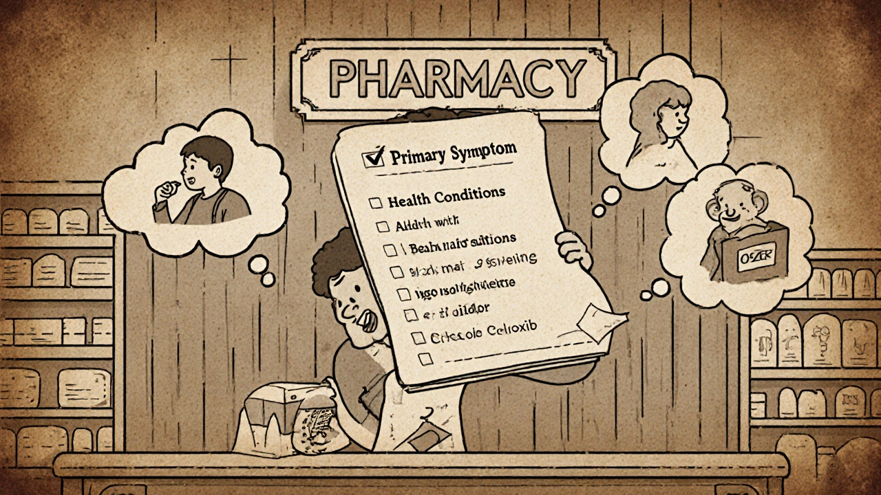 Person at a vintage pharmacy counter reviewing a checklist with thought bubbles of different medication scenarios.