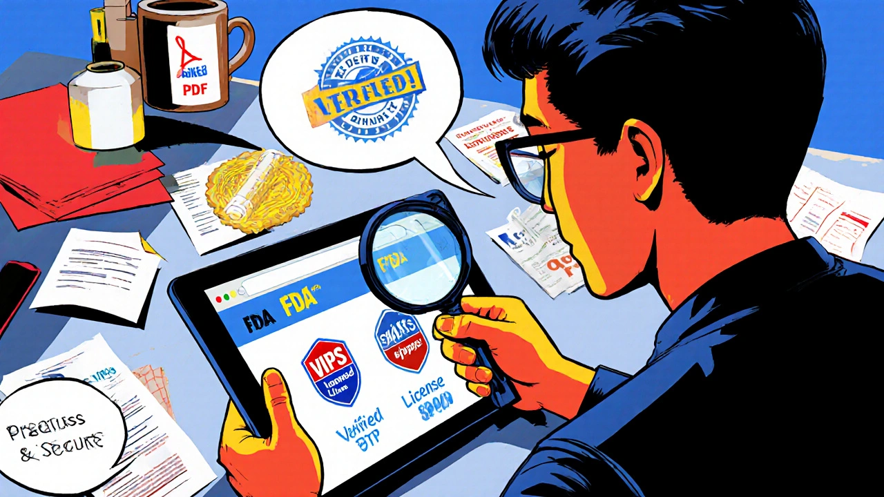 Person examining a website for FDA badge, VIPPS seal, and pharmacy license.