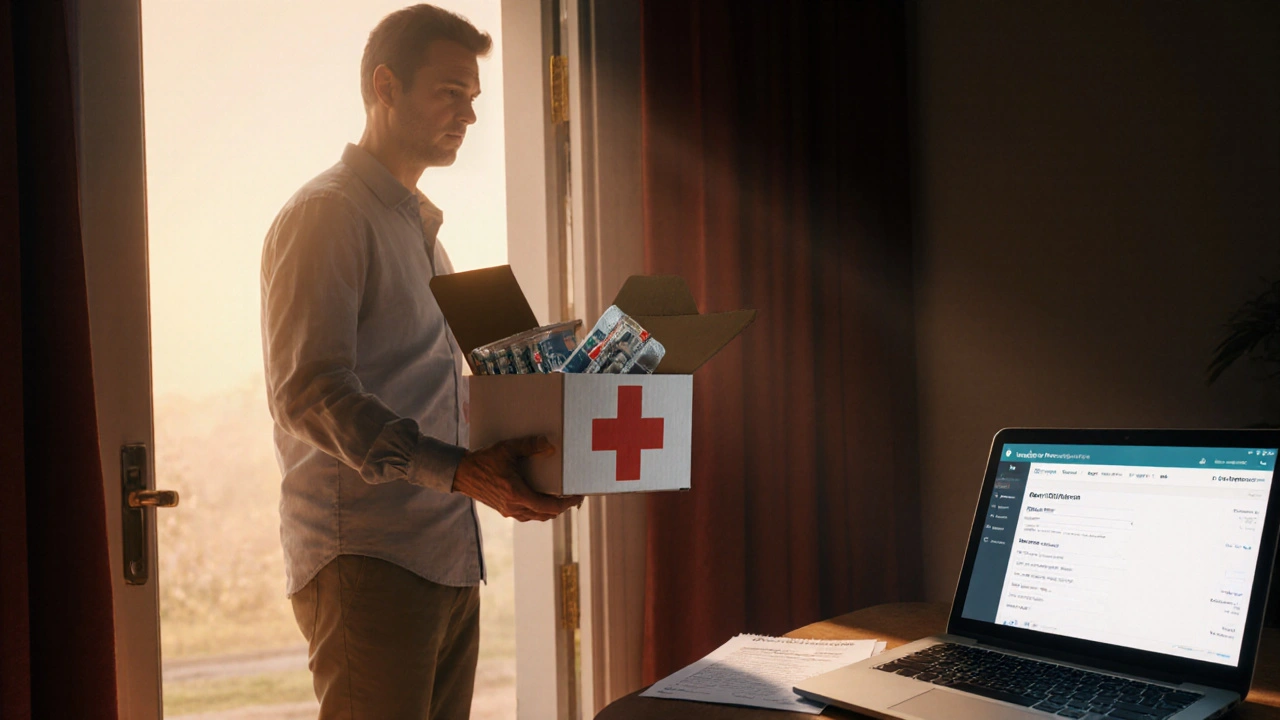 Person receiving a sealed medication box with prescription and laptop nearby, highlighting safe delivery.