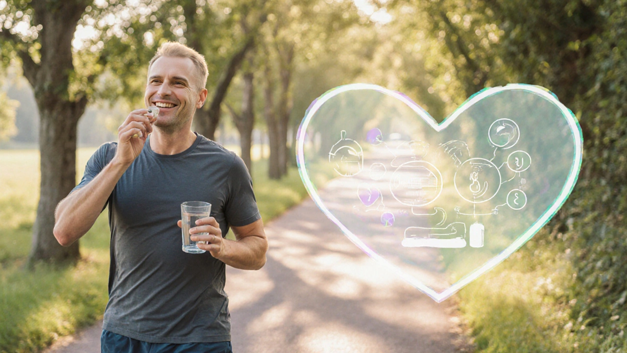 Person taking a pill and jogging on a sunlit path, symbolizing heart health.