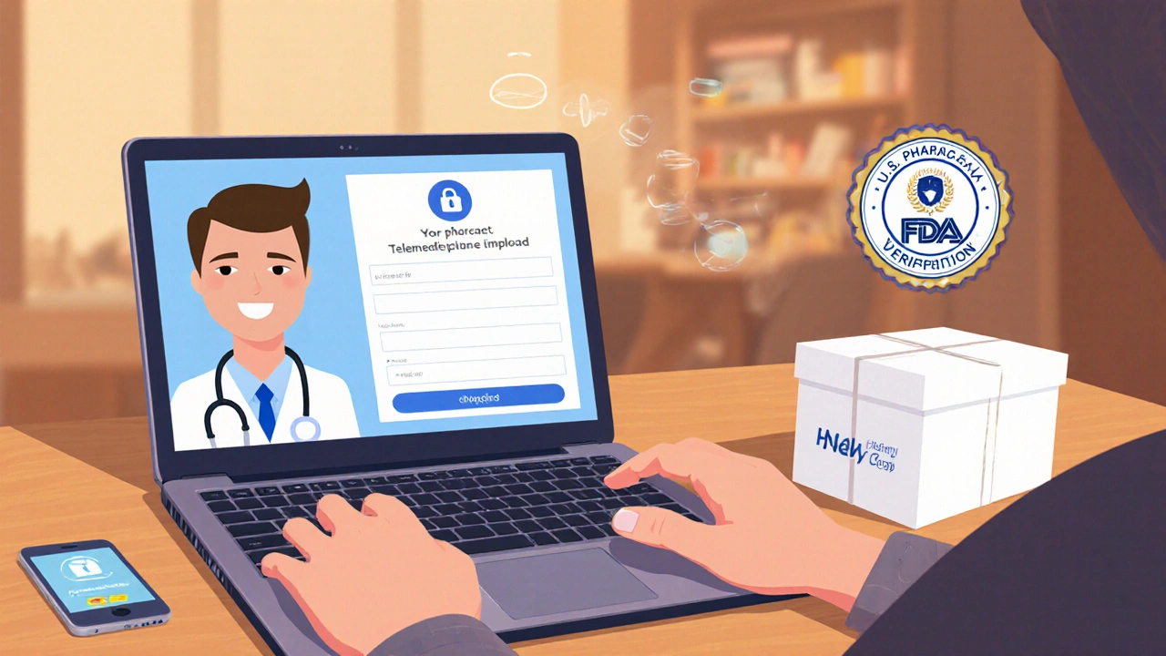 Person using laptop for telemedicine consult, uploading prescription, and sealing discreet package.