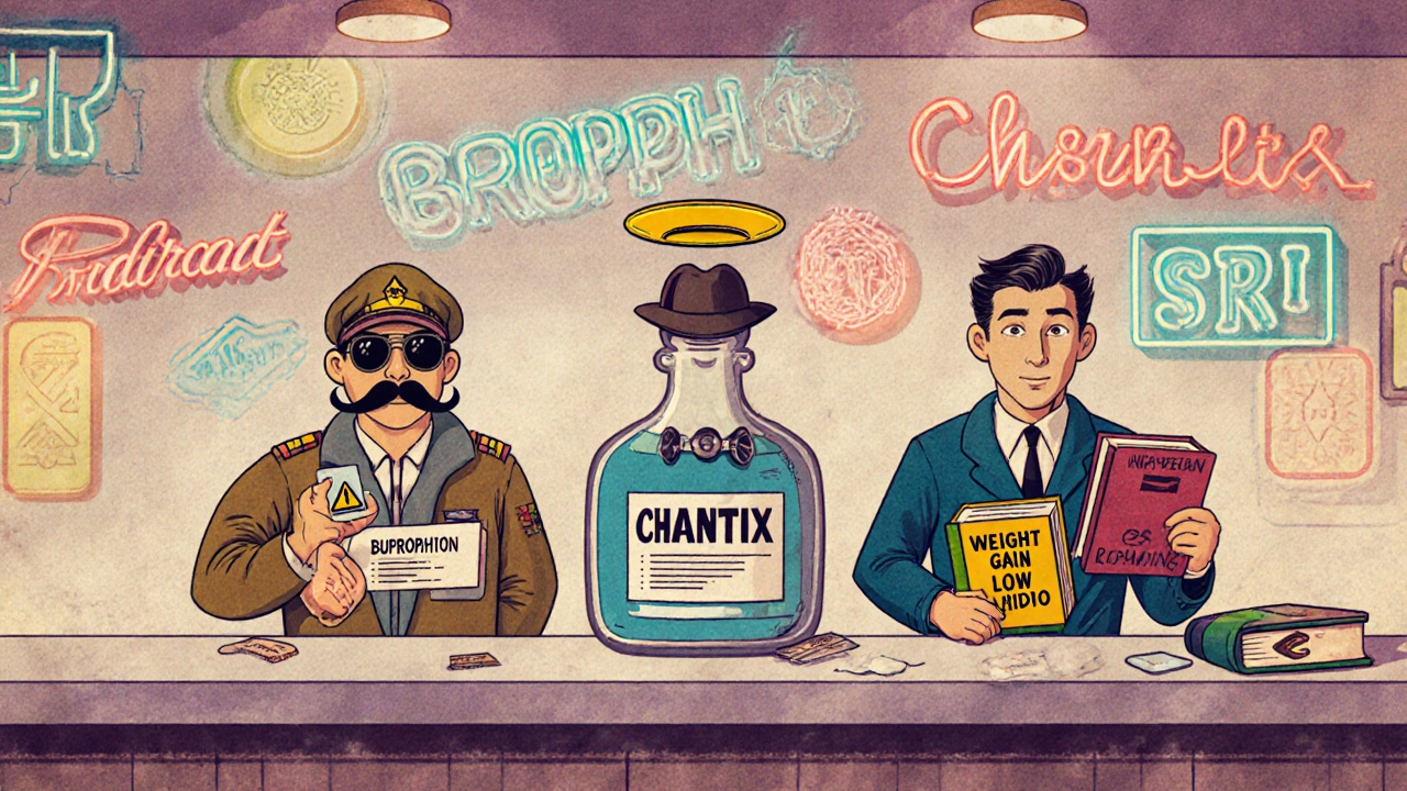 Personified medicine bottles at a retro pharmacy counter, each with distinct personalities and symbols.