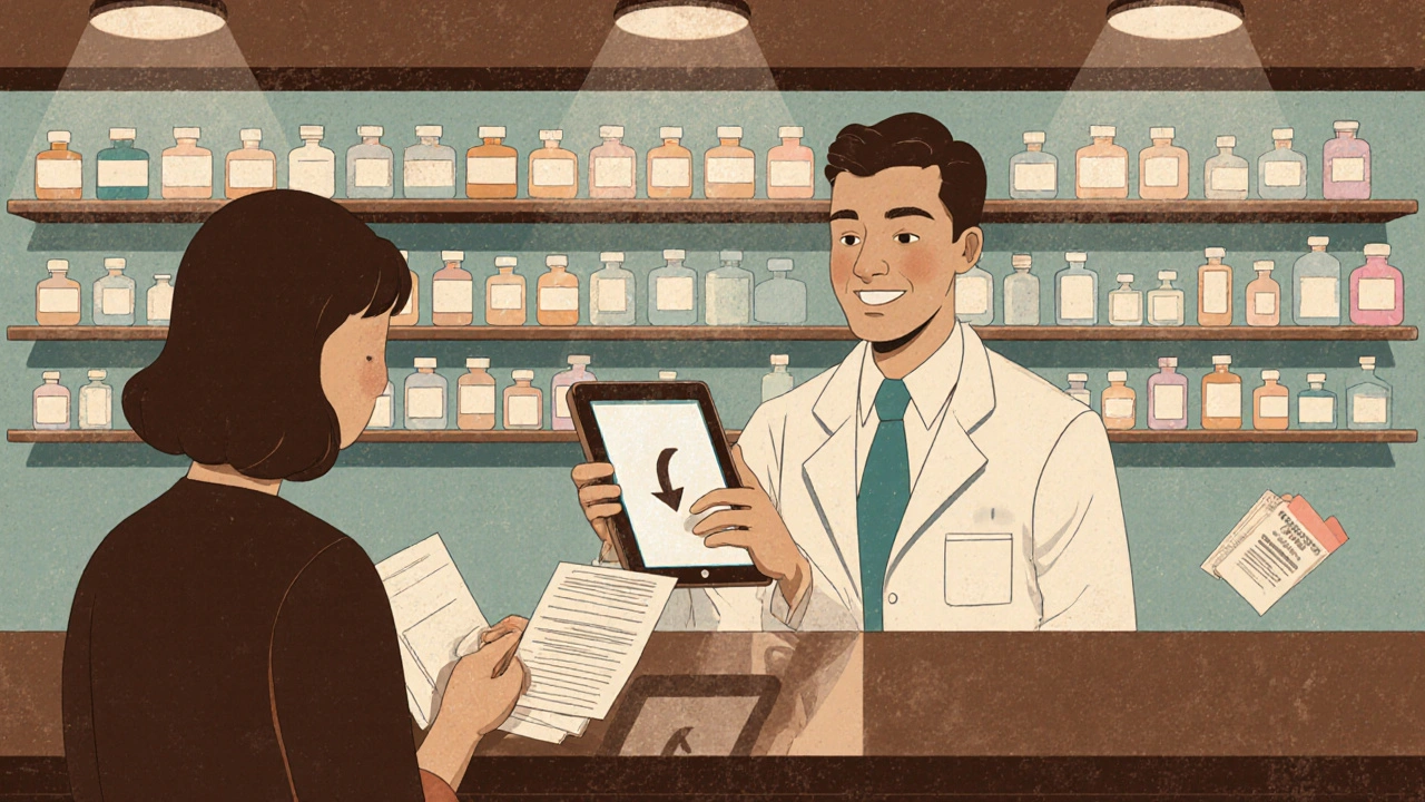 Pharmacist and patient exchanging ID and prescription details at a counter.