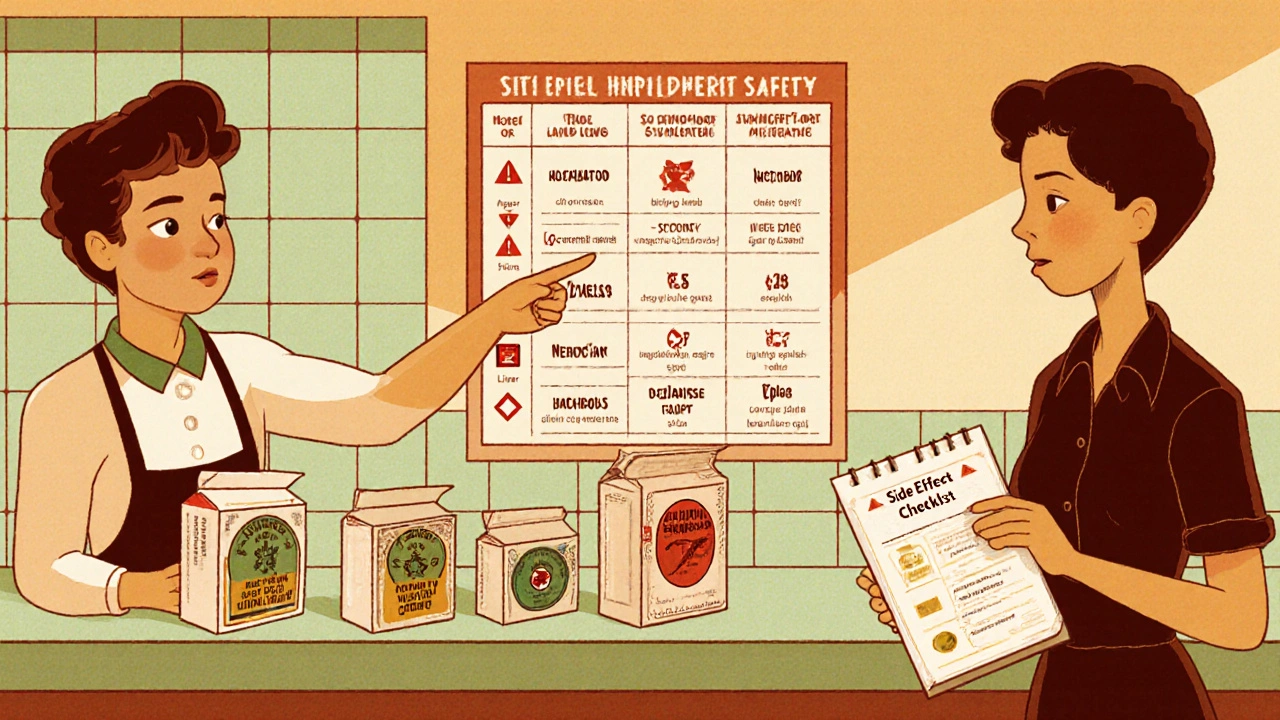 Pharmacist explains supplement risks to patient using bottles of Ginkgo, St. John’s wort, and Black cohosh.