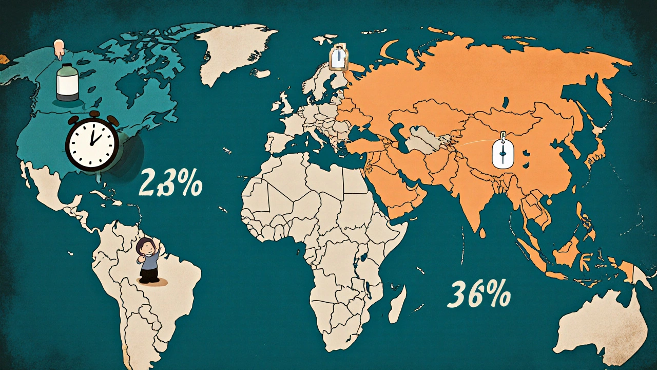 Retro world map showing income‑based contraception coverage and travel barriers in sub‑Saharan Africa.