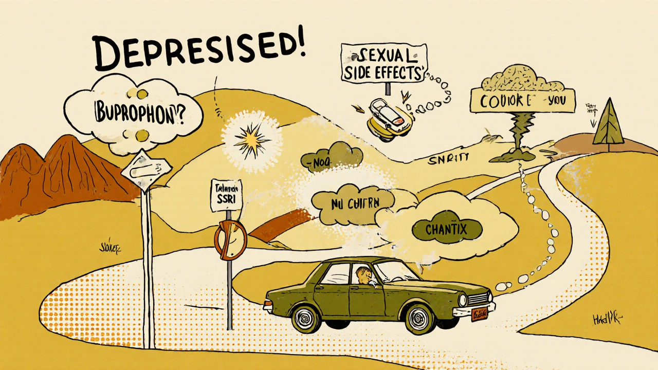 Road trip map illustrating treatment choices for depression or smoking cessation with visual signs.