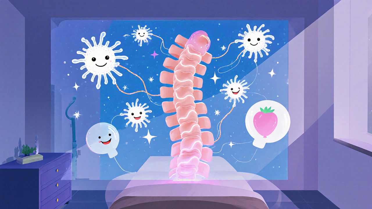 Spine aligns, nerves straighten, and immune cells calm, showing easier breathing.