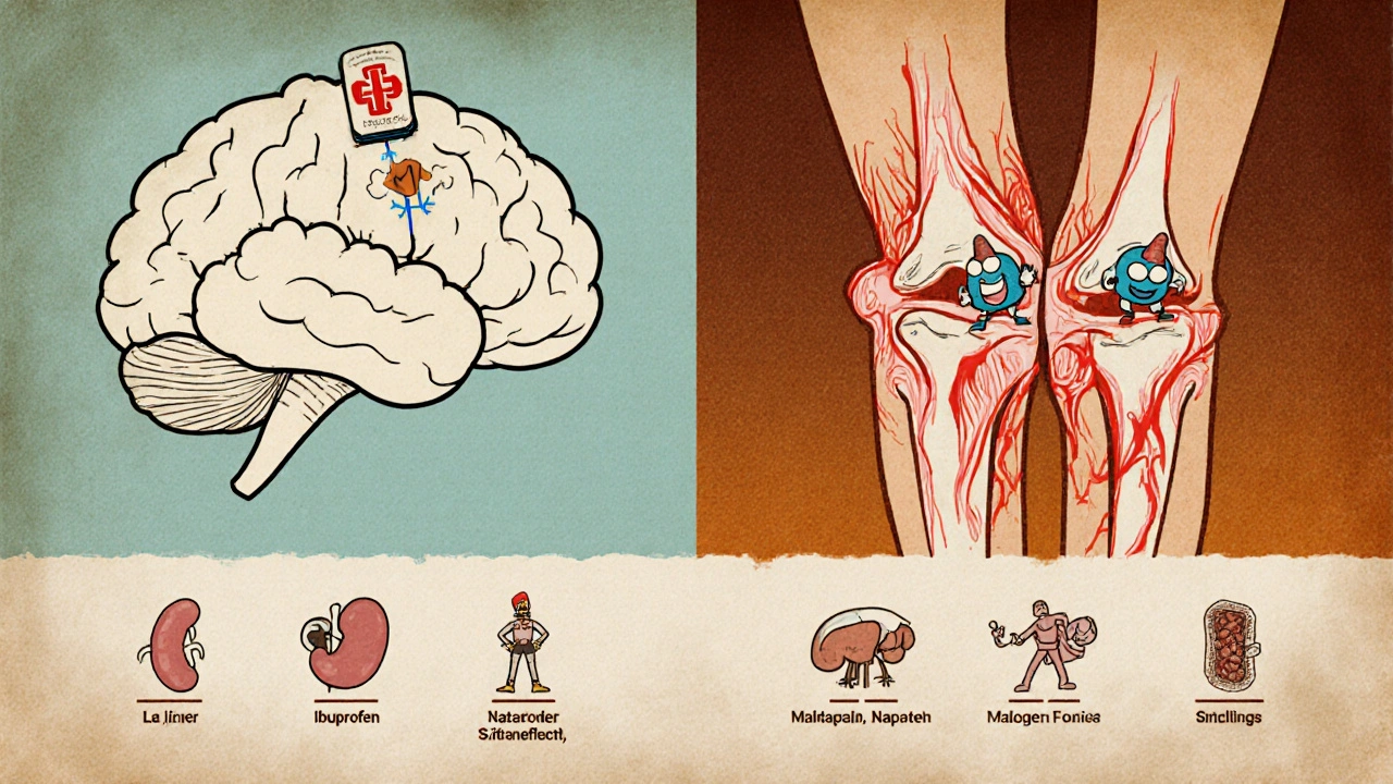Split illustration showing acetaminophen blocking COX-3 in the brain and NSAIDs reducing joint inflammation, with side‑effect icons.
