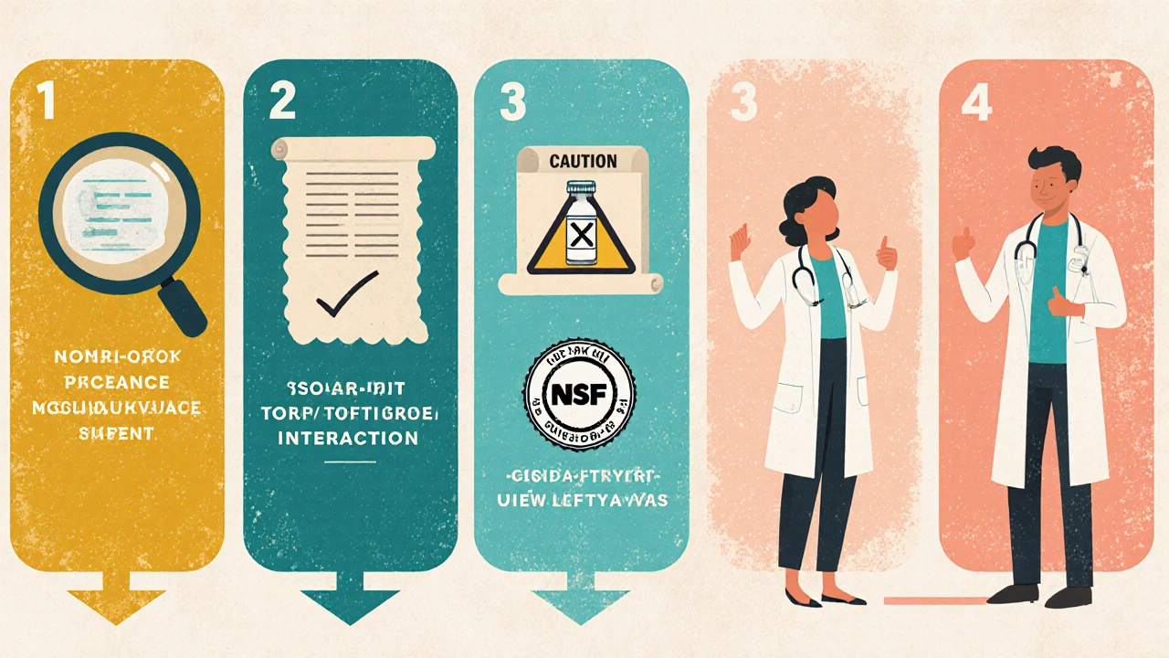 Step‑by‑step retro poster showing a safe decision process for using herbal supplements.