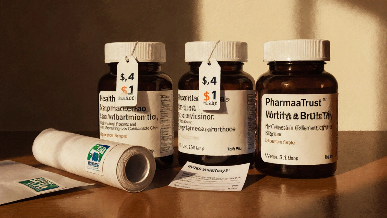 Three generic Cymbalta bottles on a desk with price tags and a prescription paper.