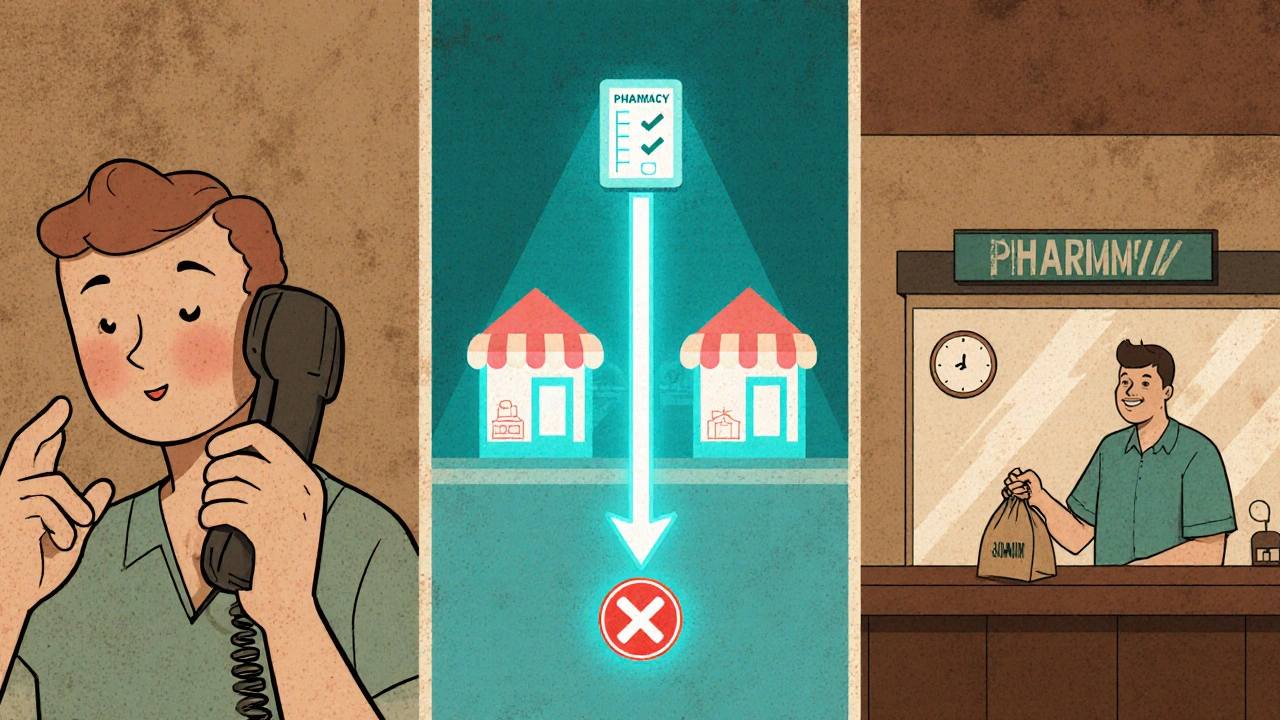 Three‑panel comic showing phone call, electronic transfer, and medication pick‑up.