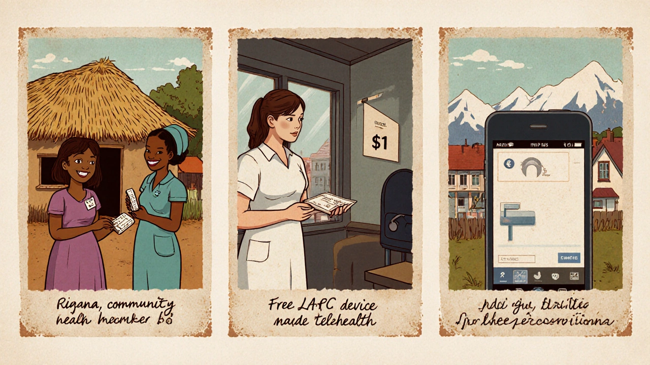 Three vintage‑style postcards illustrate Rwanda health workers, Sweden free clinic, and telehealth app.