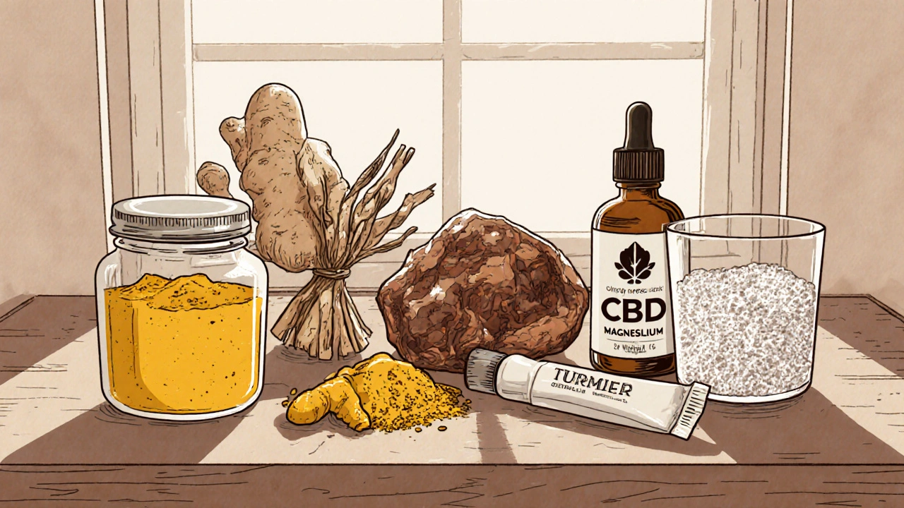 Vintage apothecary display of turmeric, ginger, willow bark, Boswellia, capsaicin cream, CBD oil, and magnesium.