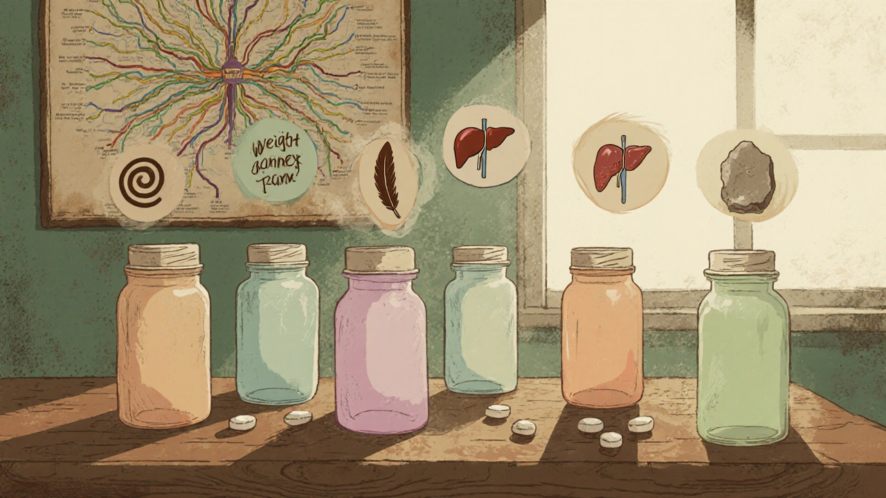 Vintage pill bottles on a table, each with subtle icons hinting at side effects.