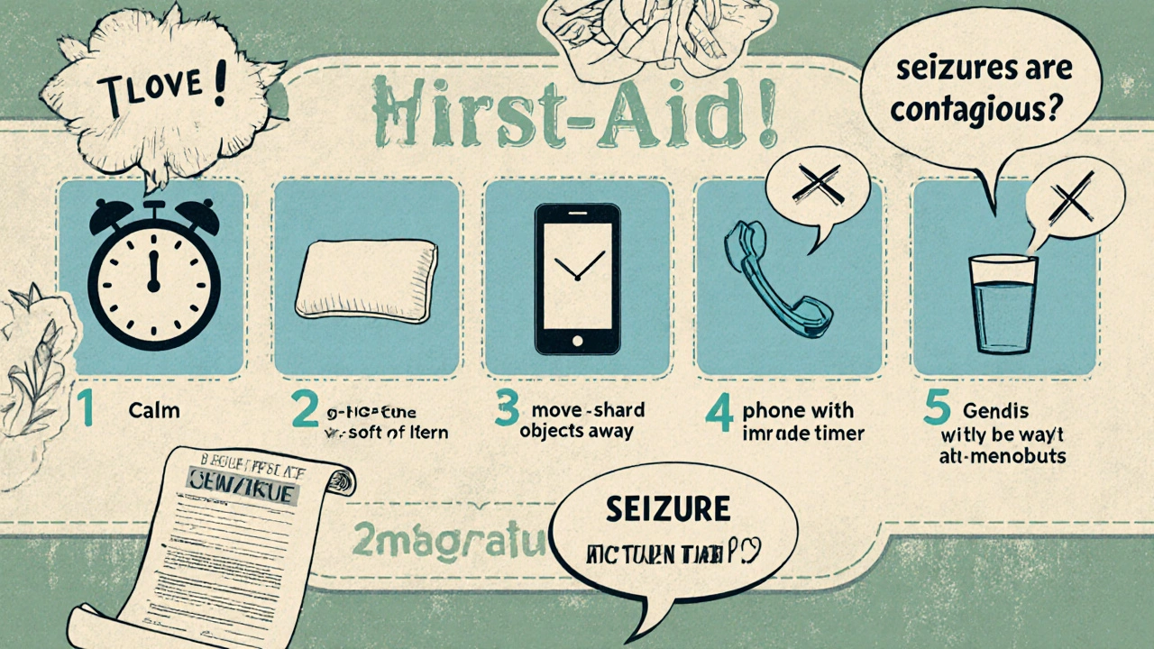 Vintage‑style poster illustrating five first‑aid steps and myth‑busting bubbles for seizures.