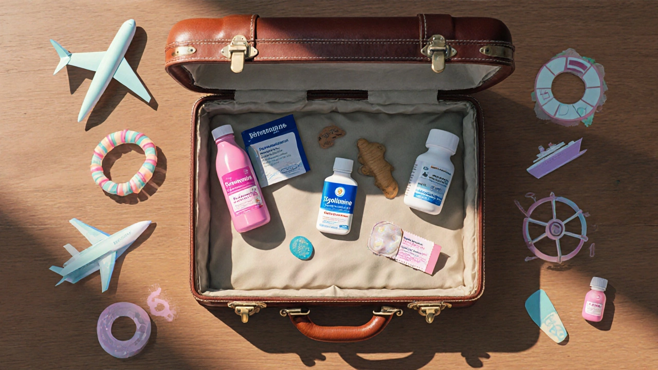 Vintage suitcase opened to reveal a travel kit of motion‑sickness remedies with travel icons around.