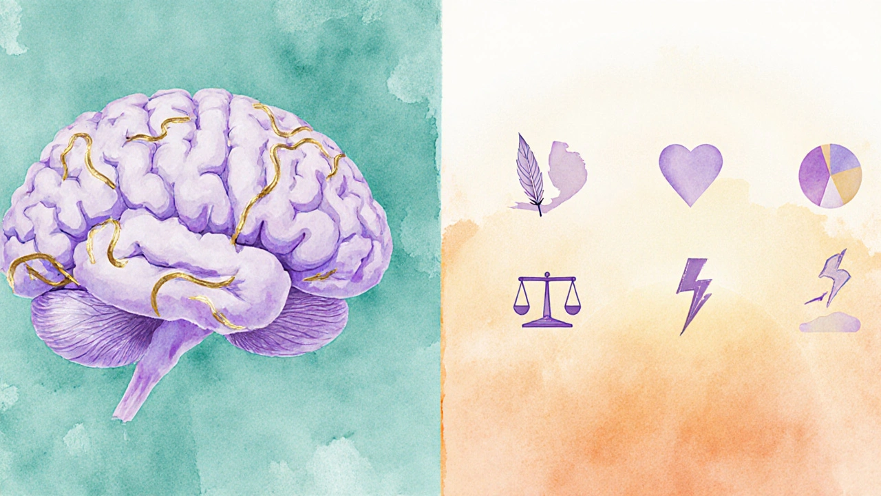 Watercolor split scene showing brain pathways and icons for side‑effects of antipsychotics.