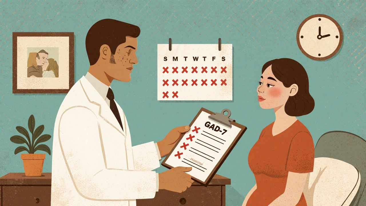 A doctor gives a anxiety screening form to a new mother in a warm, softly lit clinic room with postpartum details.