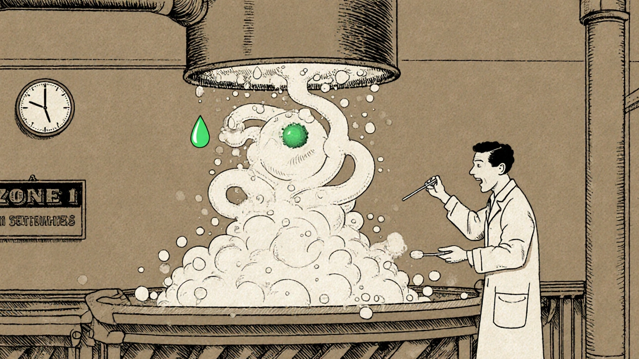 A droplet falling from a pipe turns into mold spores cascading onto a production line, with a worker reacting in shock.